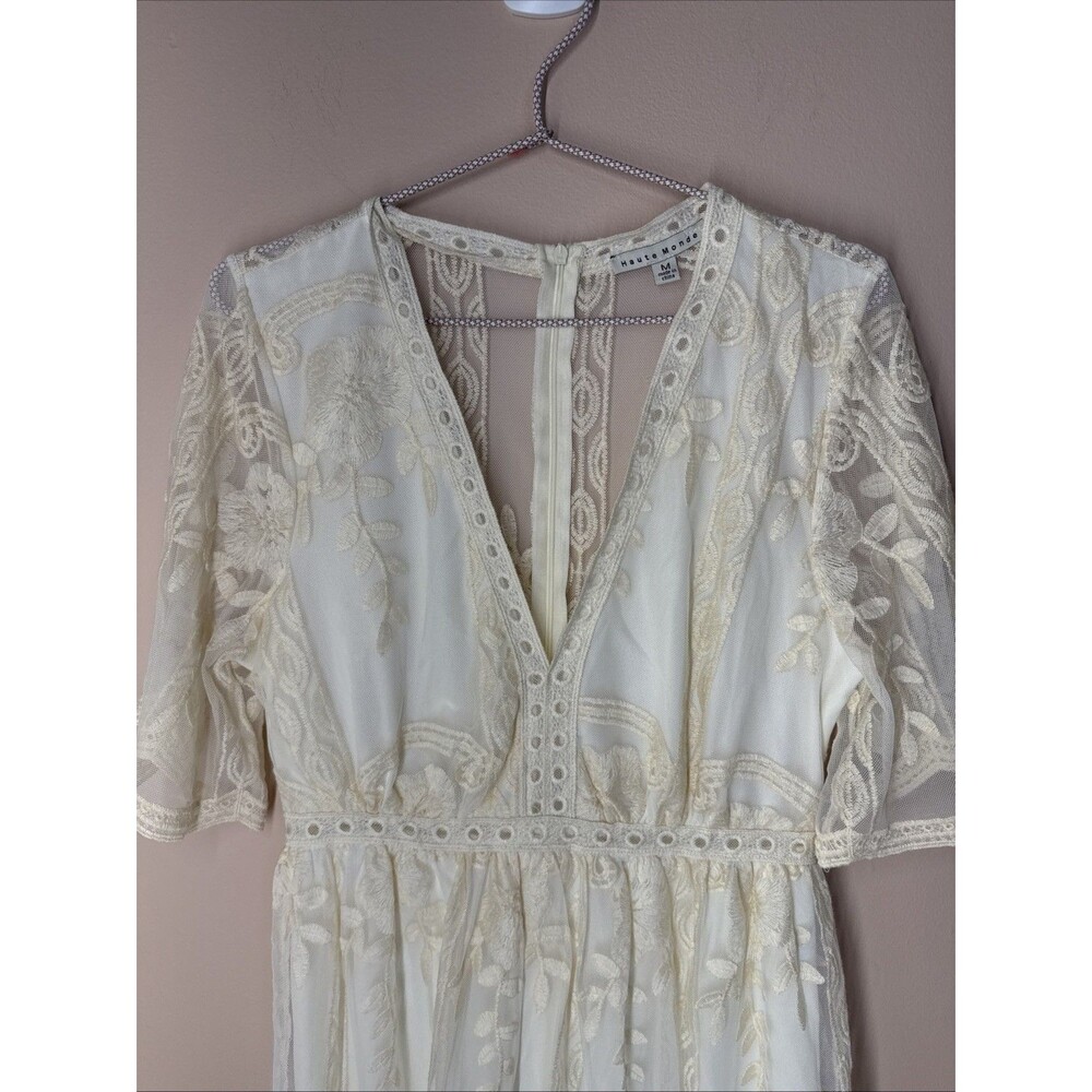 Haute Monde Lace Dress Boho Medium Embroidered V Neck Short Sleeve Cream Ivory - Picture 2 of 16